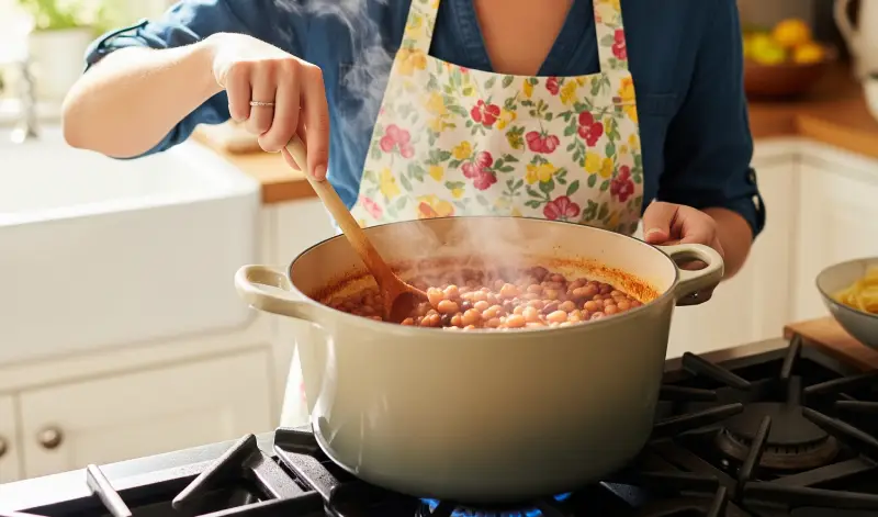 Mujer cocinando guiso de alubias en una cocina soleada.