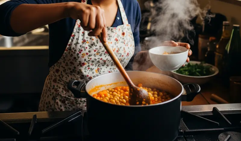 Recetas con legumbres: Mujer joven cocinando guiso de garbanzos en una estufa rústica.