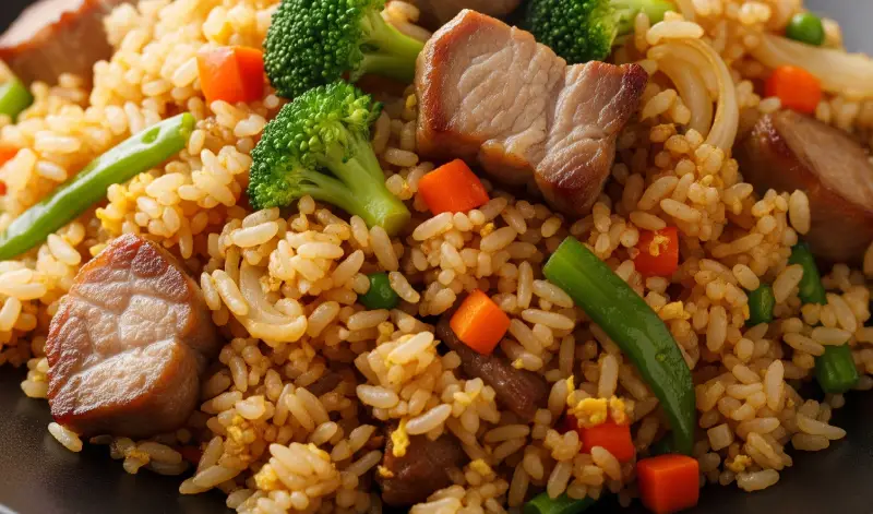 Arroz frito con trozos de carne de cerdo y verduras – recetas de carne