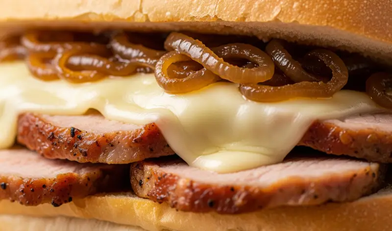 Recetas de bocadillos: bocadillo gourmet de lomo con queso derretido y cebolla caramelizada