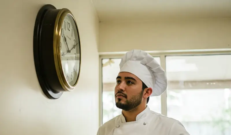 Cocinero controlando el tiempo en la cocina con reloj de pared – consejos y trucos de cocina