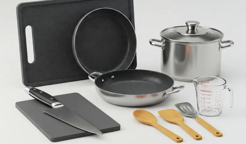 Guía de utensilios de cocina: colección esencial sobre fondo blanco con cuchillos, tablas, sartén y olla