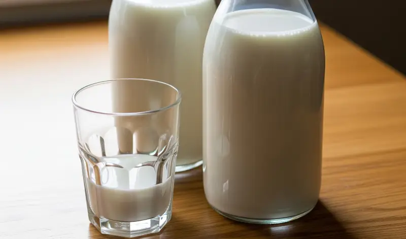 Dos jarras de cristal casi llenas de leche y un vaso con un poco de leche sobre una mesa.