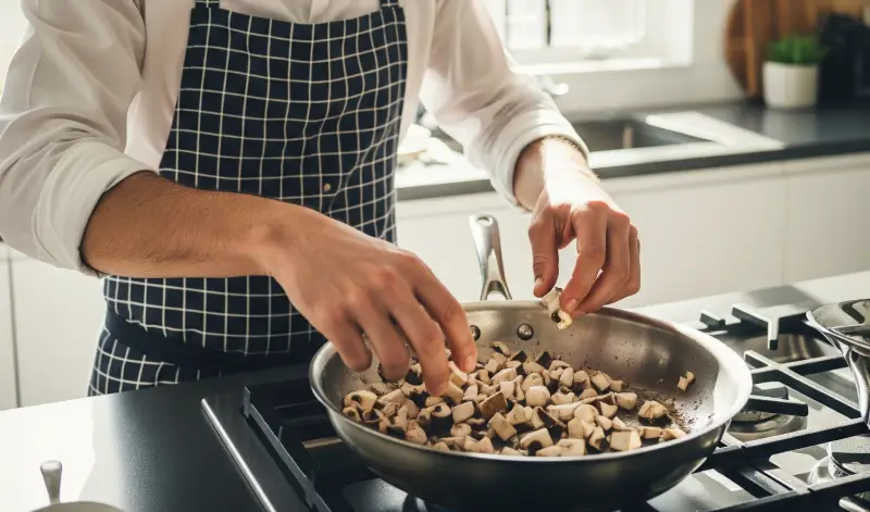 Hombre cocinando salteado de champiñones portobello – recetas con hongos