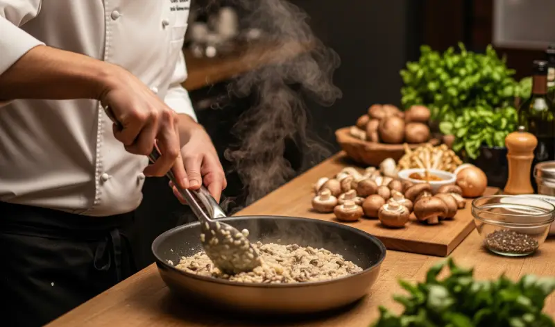 Recetas con hongos: Un hombre cocina un risotto con champiñones