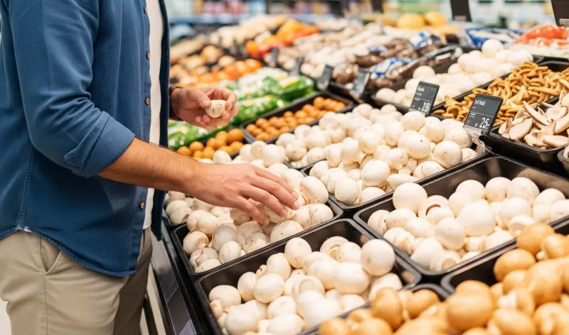 Hombre seleccionando champiñones en el supermercado – recetas con hongos