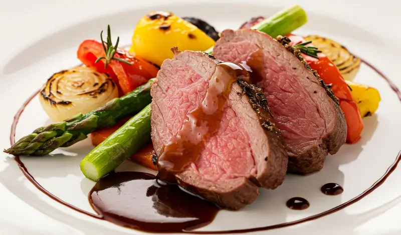 Medallones de carne al punto con salsa y verduras asadas, una presentación gourmet para recetas de cocina elegantes
