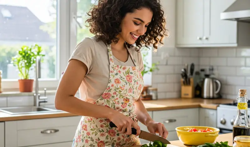 Mujer feliz cocinando verduras frescas en una cocina moderna, disfrutando del proceso de preparar recetas de cocina saludables