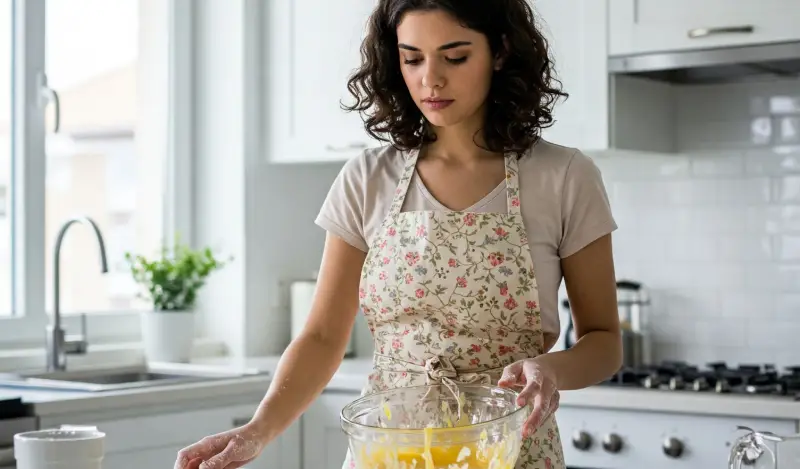Mujer cometiendo un error al hacer un bizcocho y volviendo a intentarlo, parte del aprendizaje en recetas de cocina