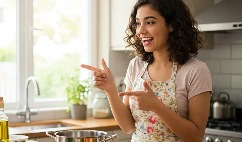 Mujer sonriendo mientras da consejos útiles sobre recetas de cocina en una cocina luminosa y acogedora