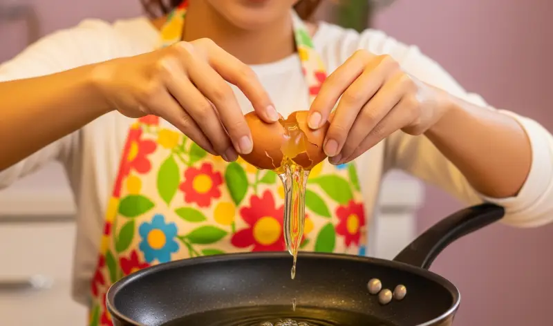 Recetas con huevo: Mujer partiendo un huevo sobre una sartén con aceite caliente.