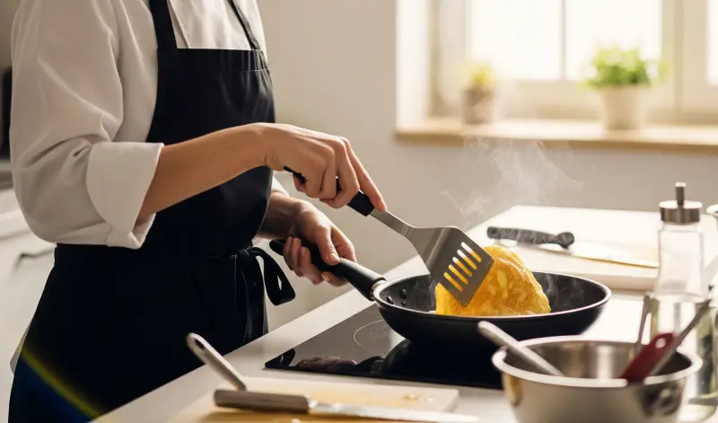 Una mujer haciendo una tortilla francesa en una sartén.