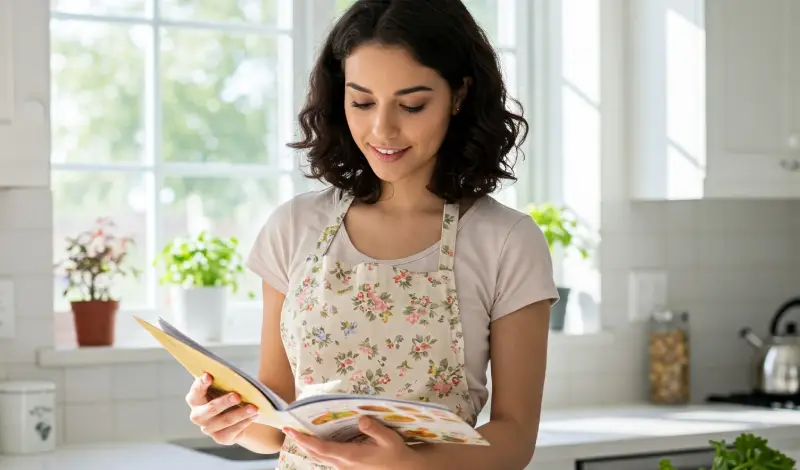 Mujer leyendo un libro de recetas de cocina
