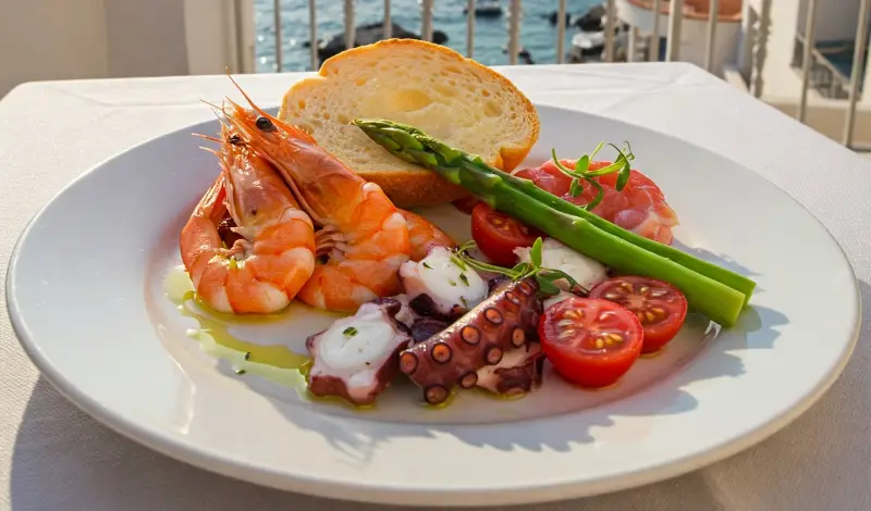 Aperitivo servido en terraza junto al mar, ideal para recetas de aperitivos y tapas en un ambiente relajado.