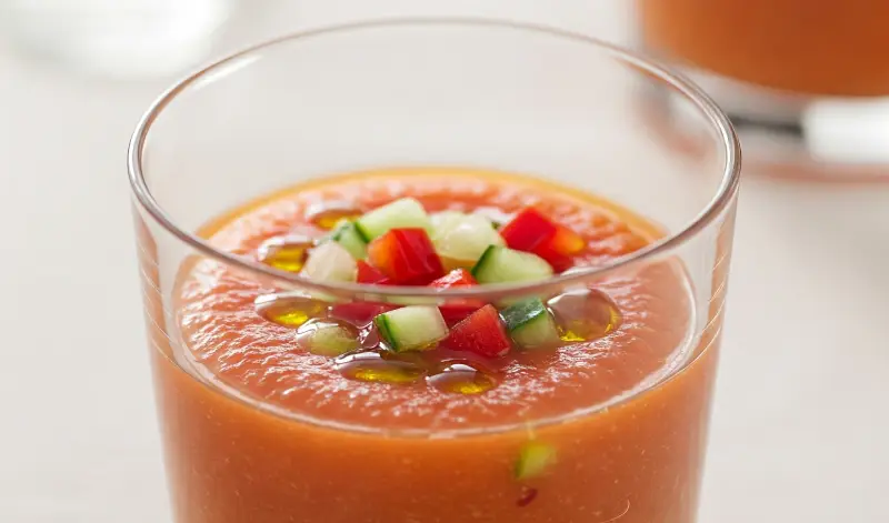Vasito de gazpacho decorado con pepino y pimiento, perfecto para recetas de aperitivos y tapas frescas.