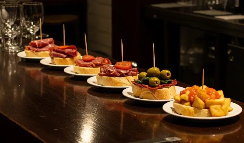 Selección de pintxos vascos sobre barra de bar, ideal para ilustrar recetas de aperitivos y tapas tradicionales.