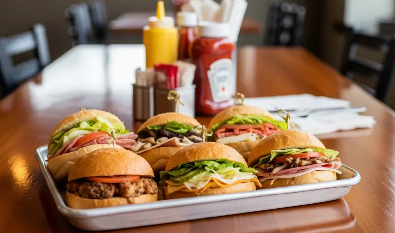 Recetas de bocadillos: variedad de sándwiches recién hechos en una bandeja metálica sobre mesa de café