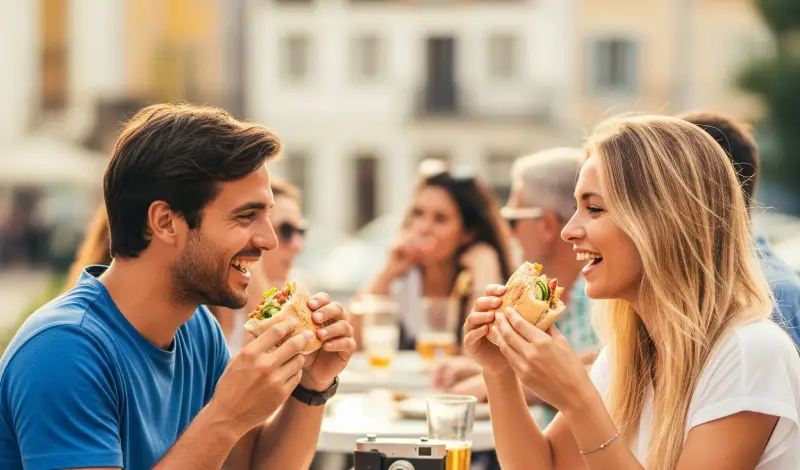 Recetas de bocadillos: pareja disfrutando de un sándwich vegetal en la terraza de un bar al sol