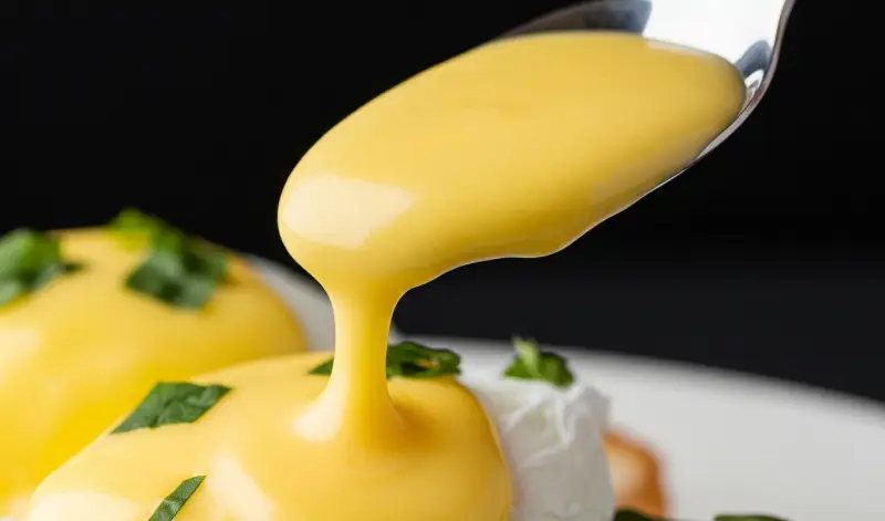 Salsa holandesa amarilla brillante, suave y cremosa, vertida sobre huevos escalfados.