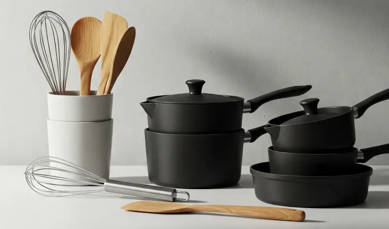 Guía de utensilios de cocina: estilo minimalista con ollas negras y utensilios de madera sobre fondo blanco