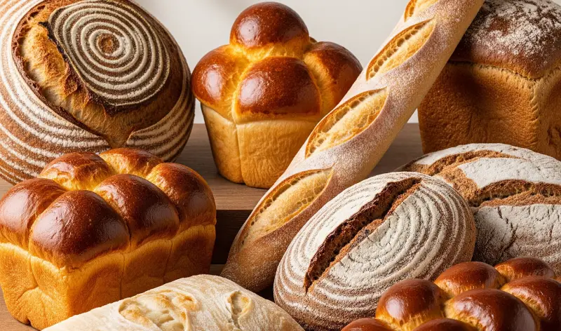 Una variedad de panes, incluyendo sourdough rústico, brioche, baguette, ciabatta, pan de centeno y challah, dispuestos en una mesa de madera.