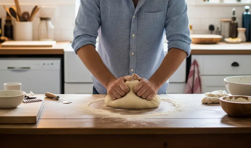 Un hombre amasando masa en una mesa de madera rústica, ilustrando recetas de panes y bollería casera.