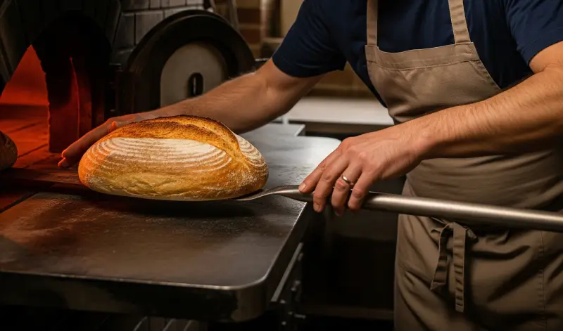 Un hombre está sacando pan de masa madre de un horno