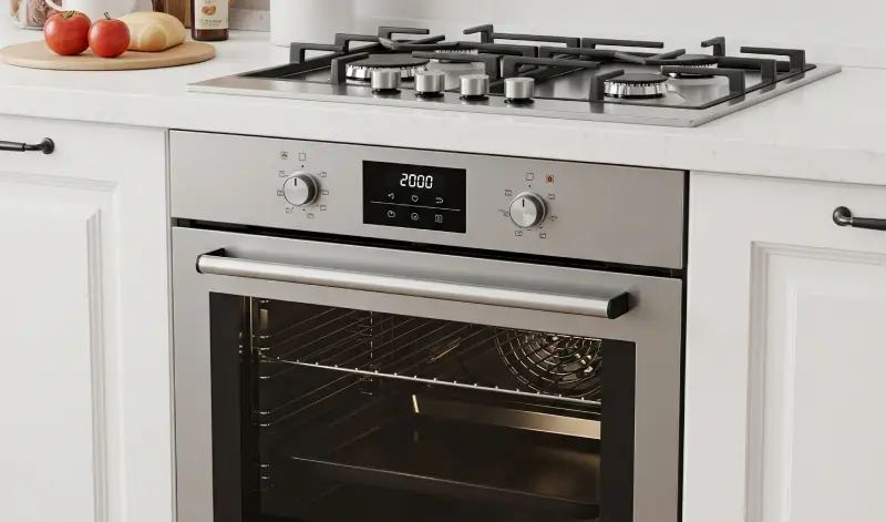 Conjunto de horno y placa convencional en cocina blanca