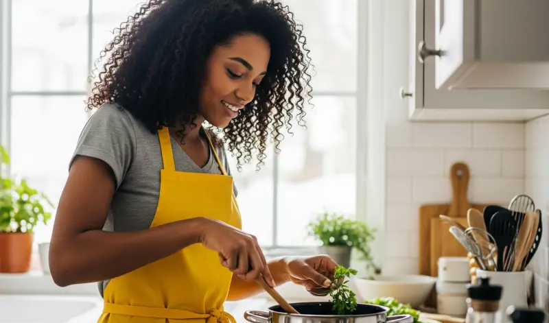 Una mujer cocinando una receta