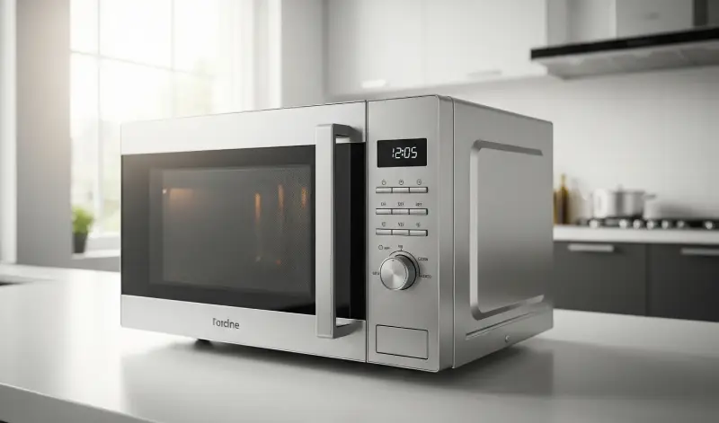 Microondas moderno de acero inoxidable en cocina