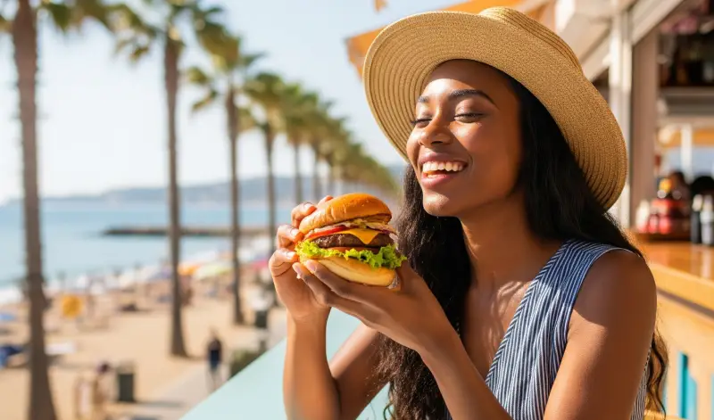 Una mujer afroamericana feliz y relajada come una hamburguesa en la terraza de un bar junto al mar